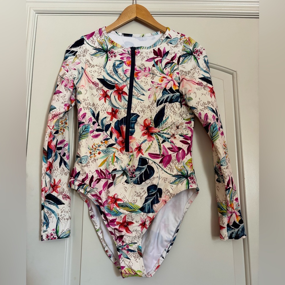 Floral Long-Sleeve One-Piece Swimsuit - White/Pink Floral